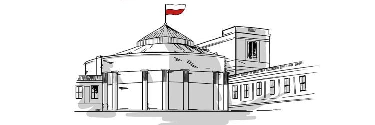 Grafika przedstawiająca budynek Sejmu przy Wiejskiej w Warszawie