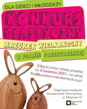 Na plakacie dwa drewniane zajączki