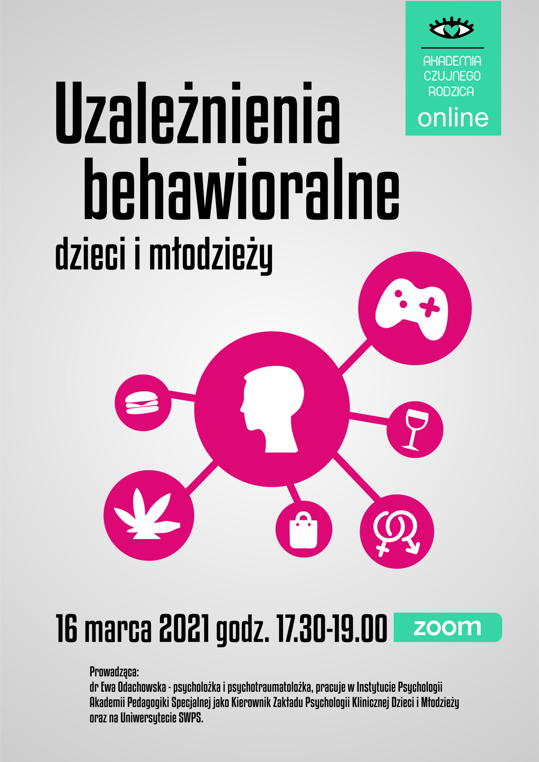 różowe okrągłe pola z białymi ikonami środków uzależniających wokół głowy człowieka