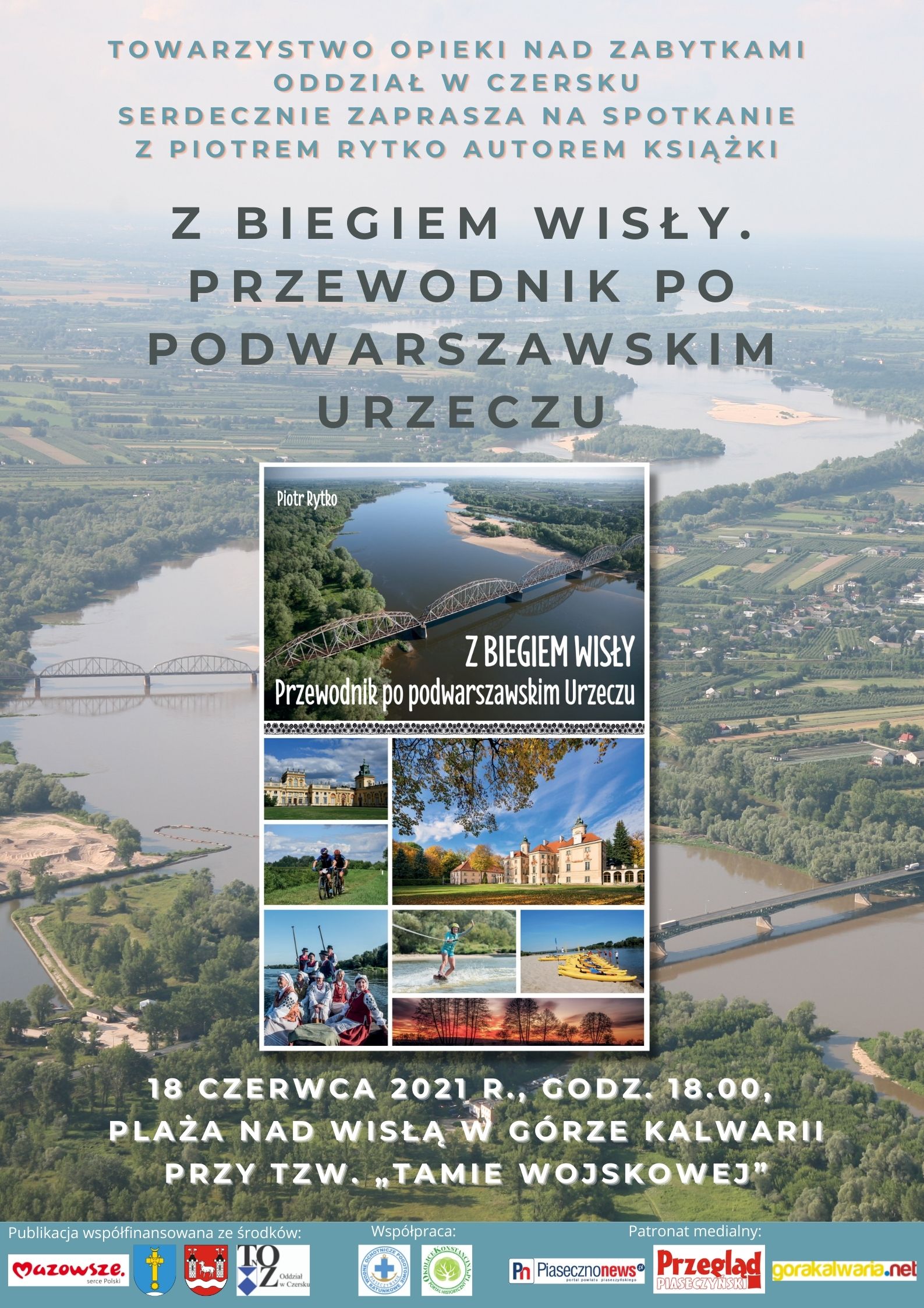 okłaska przewodnika na tle zdjęcia Wisły z lotu ptaka