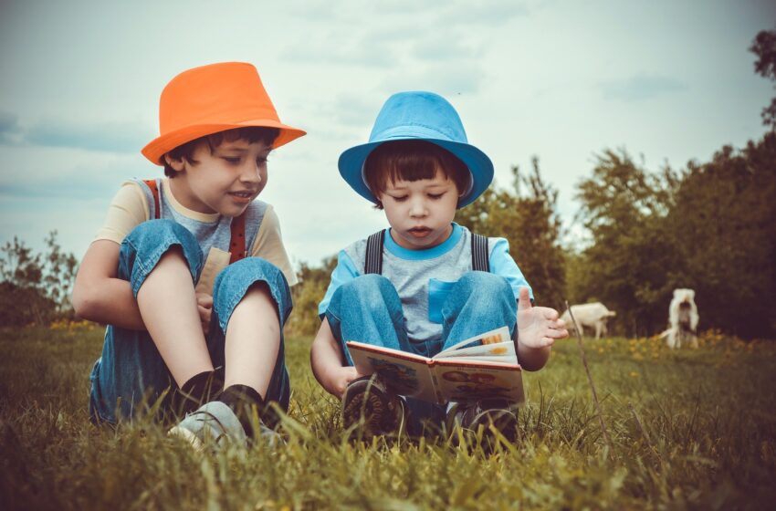 dwóch chłopców na trawie z książeczką