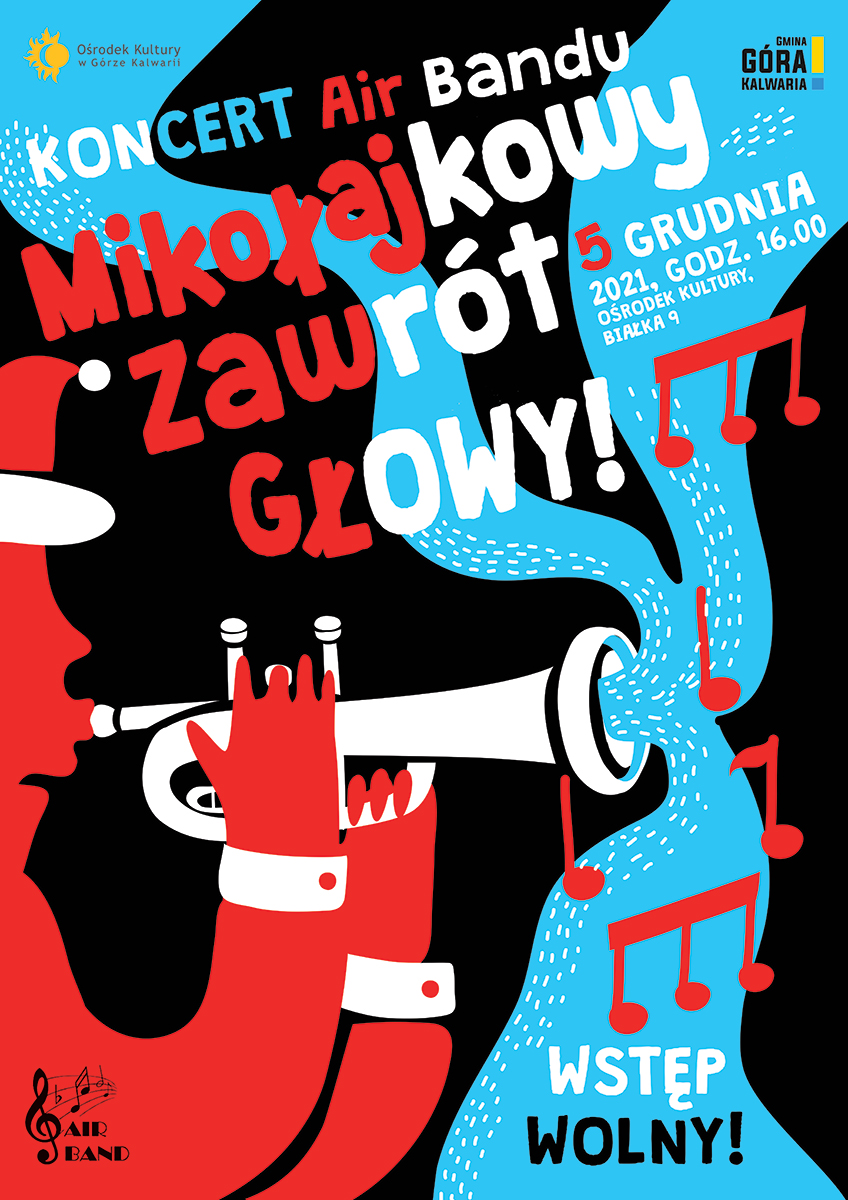 czarno-czerwono-niebieska grafika, muzyk z trąbką