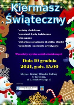 granatowy plakat z motywamiświątecznymi: reniferem, bałwankiem, piernikiem