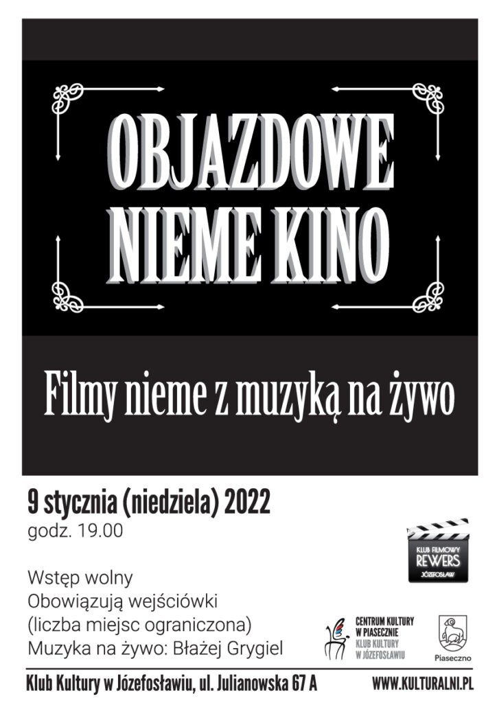 na czarnym tle napis objazdowe nieme kino