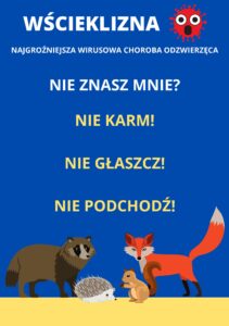 niebieska ulotka, borsuk, lis, wiewiórka i napis Nie znasz mnie, nie karm