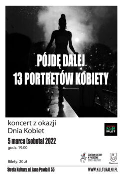 czarno-biały plakat, kobieta na scenie