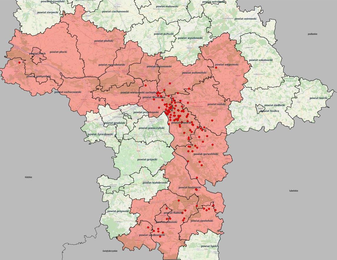 mapa Mazowsza z zaznaczonymi obszarami zagrożonymi wścieklizną