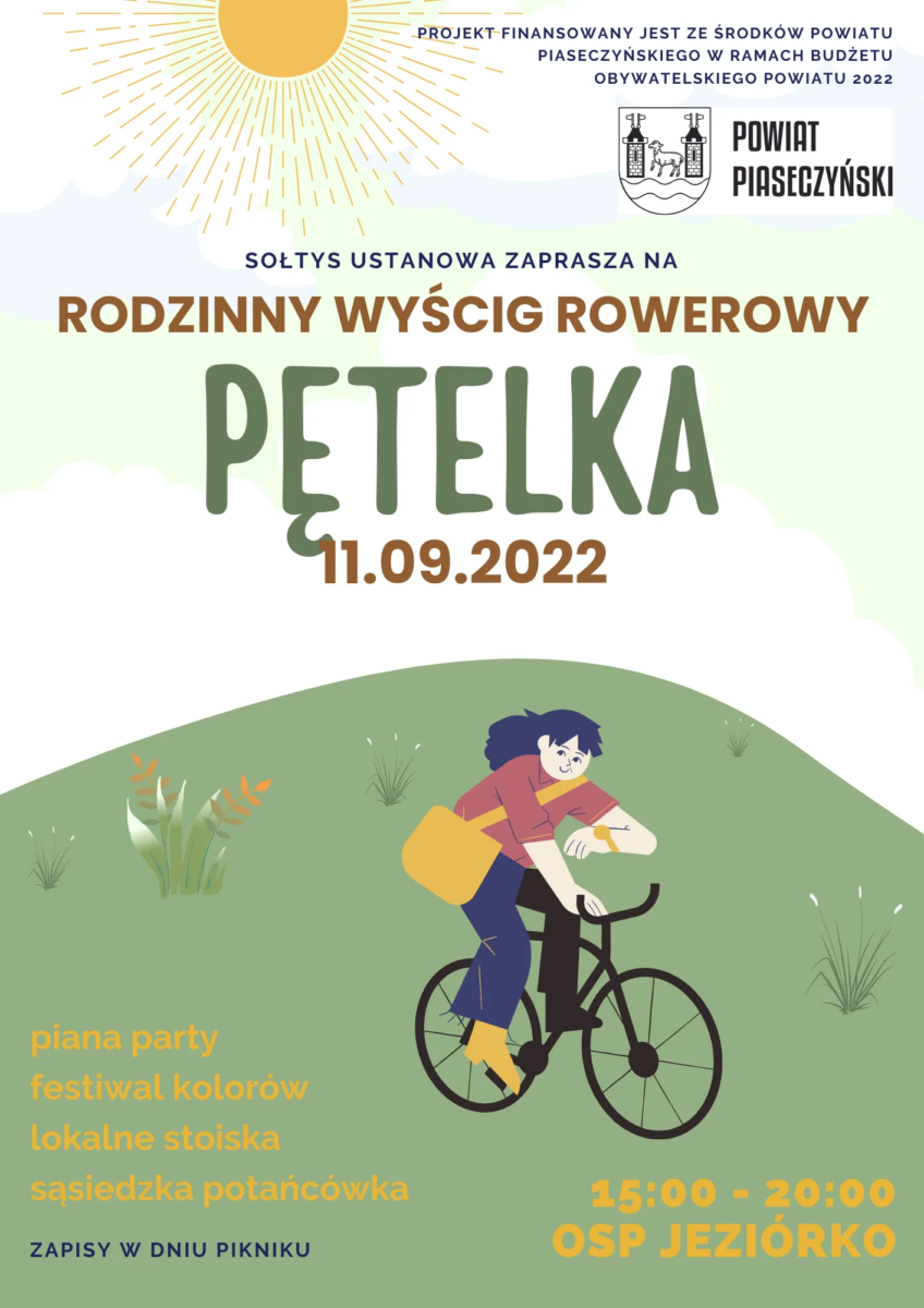 na plakacie góra i rowerzystka