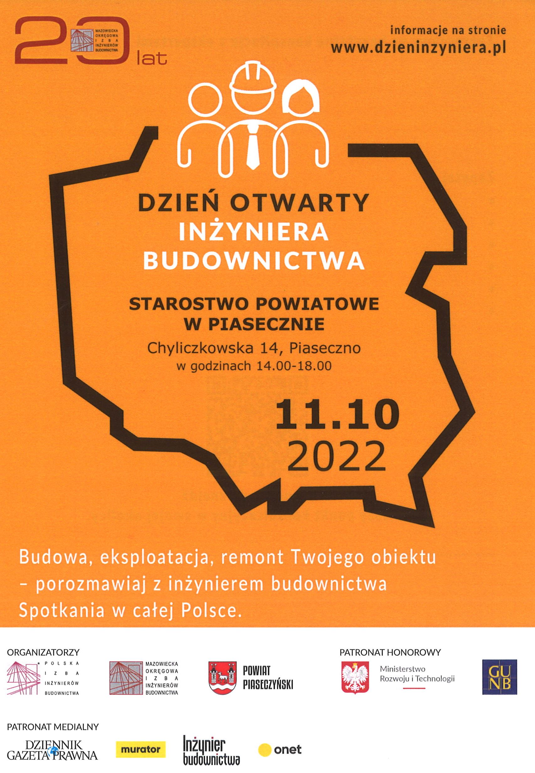 pomarańczowy plakat, kontur Polski, ikony budowniczych