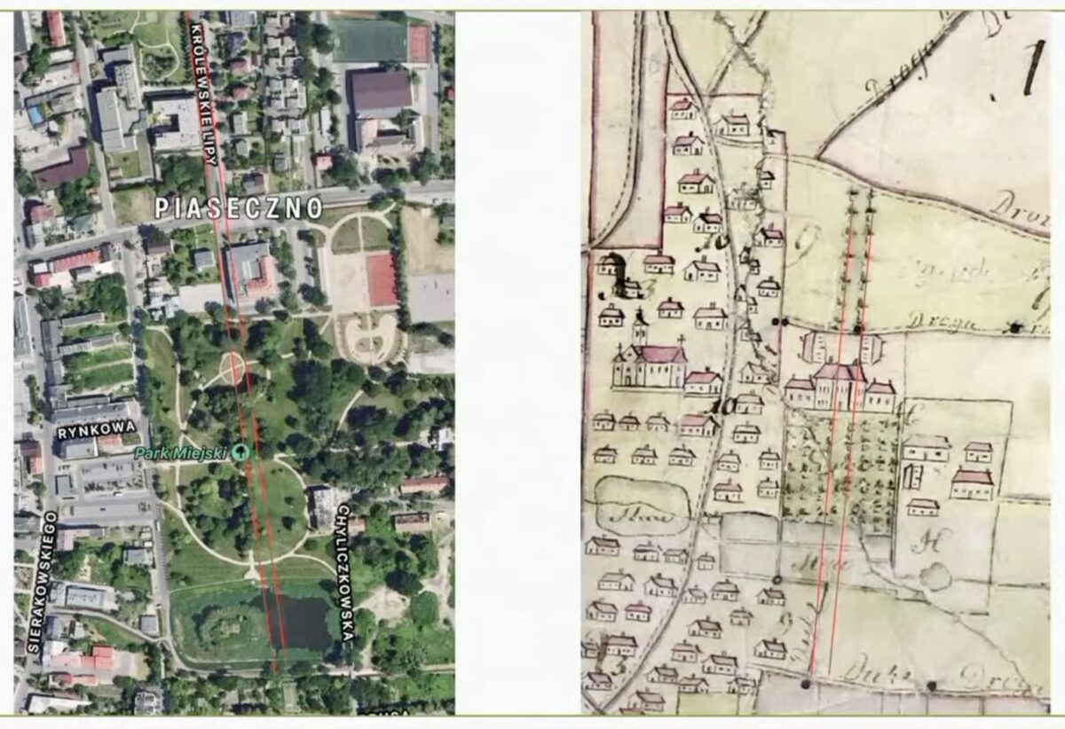 Oś saska na wspolczesnej mapie Piaseczna i oś saska na planie miasta Piaseczna z 1780 roku