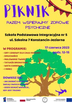 kolorowy plakat, napisy, drzewo