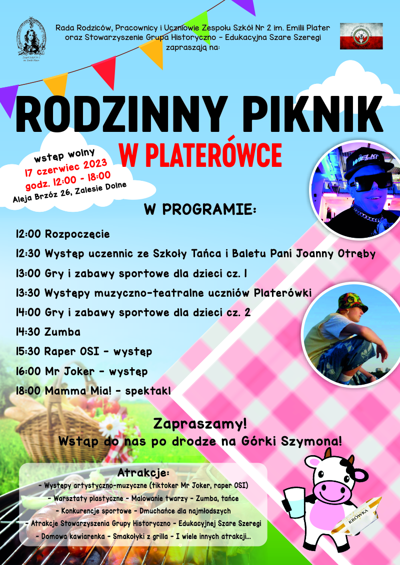 kolorowy plakat, artyści na zdjeciach, krówka, grill