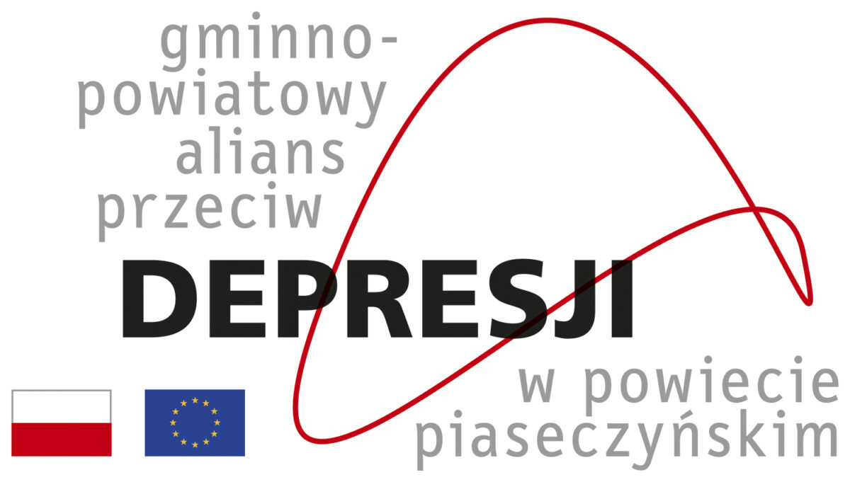 logo napisy gmninni powiatowy alians przeciwko depresji w powiecie piaseczyńskim, flagi RP i UE, czerwony mazaj