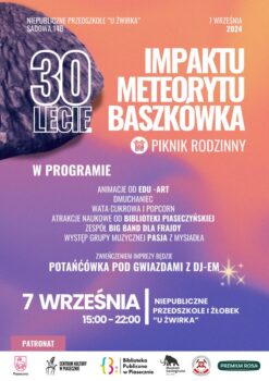 pomarańczowo-fioletowy plakat, fragment meteorytu