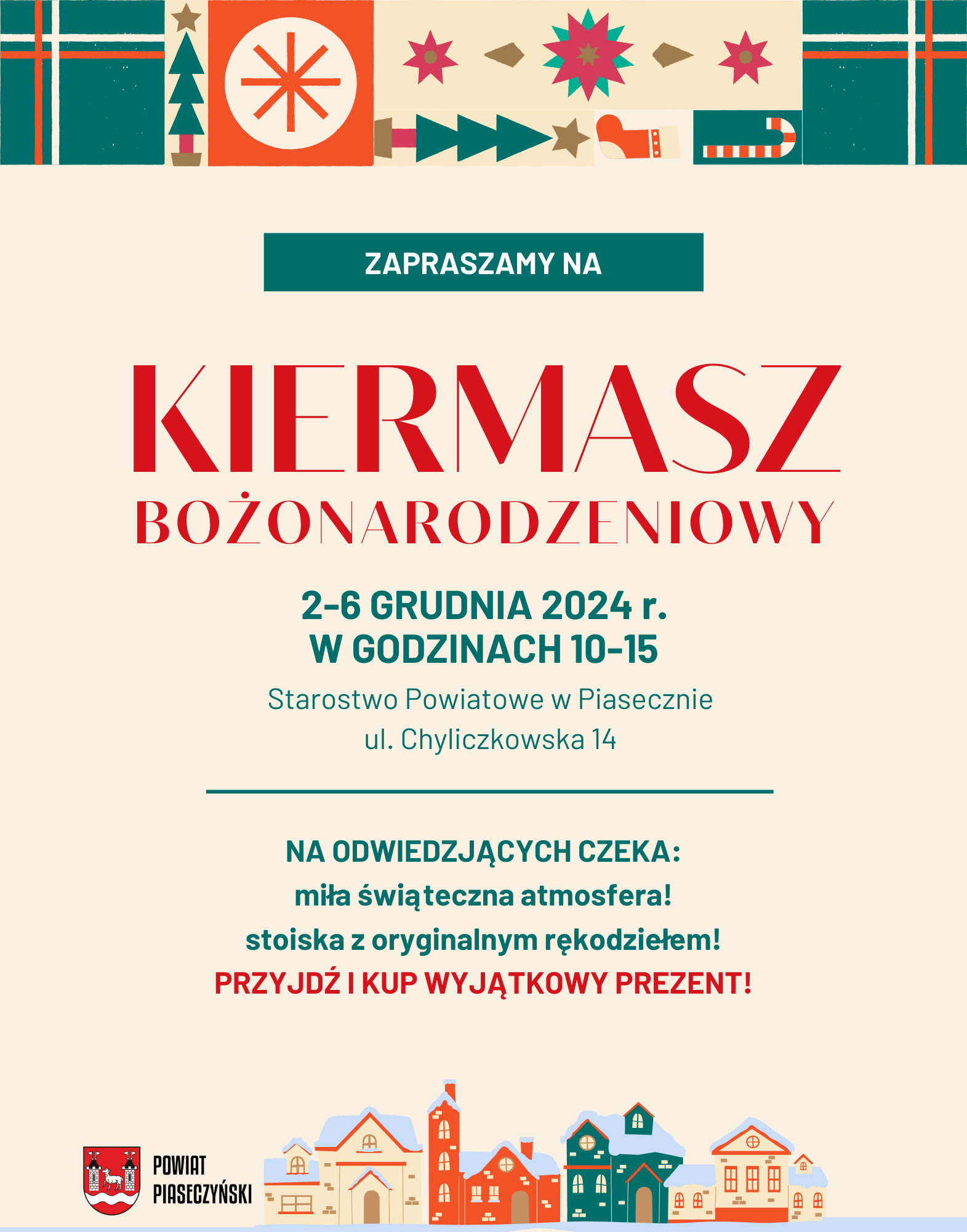 plakat, napis kiermasz, wystawcy, zimowe dodatki