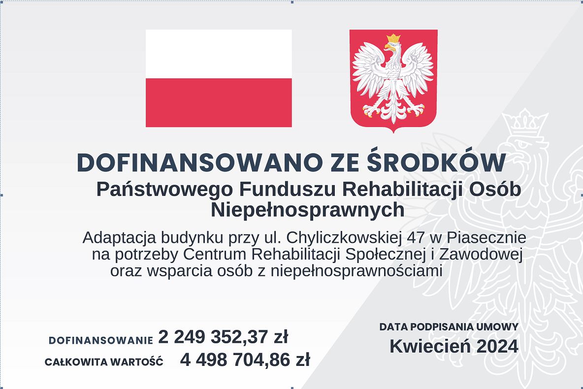 tablica obowiązkowa z flagą herbem, nazwą programu i kwotą dofinansowania