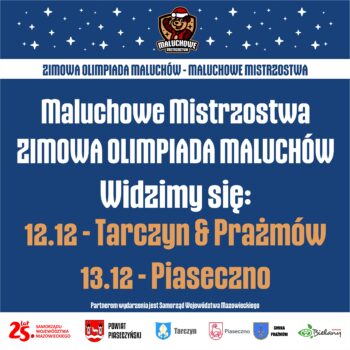 granatowa grafika z terminem i miejscem; śnieg