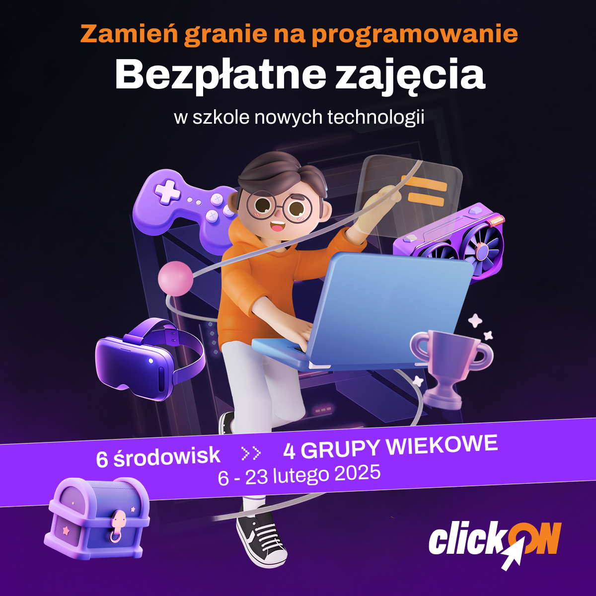 grafika - chłopiec, laptop, pad, okulary do gry