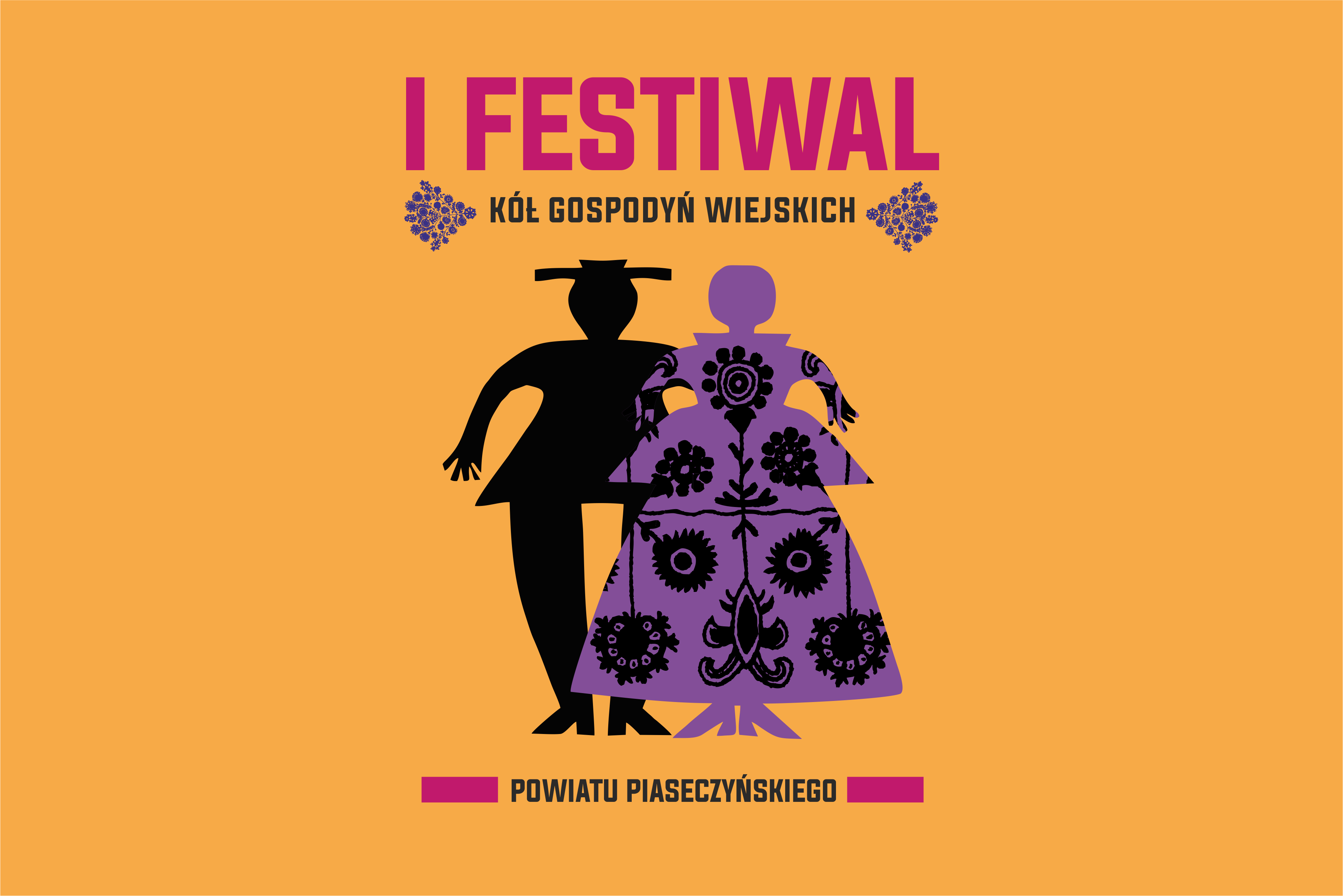 pomarańczowy plakat para ludowa, inspirowana wycinanką i haftem