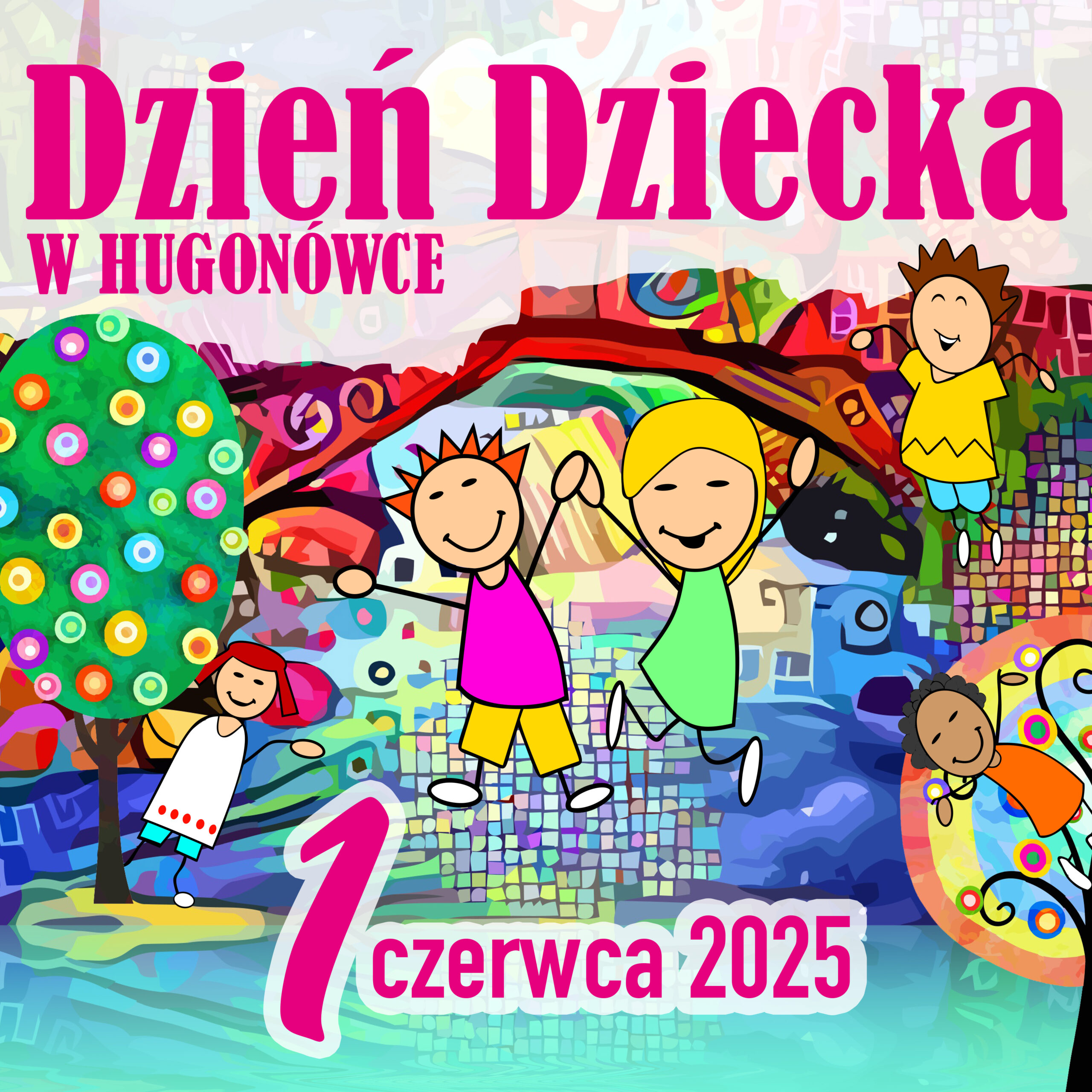 kolorowa grafika, dzieci trzymające sie za ręce