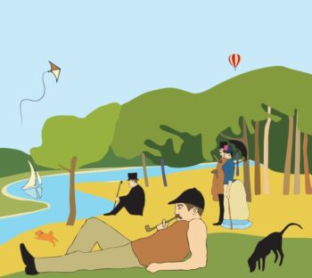 grafika - ludzie nad rzeką
