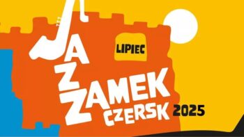 żółto -pomarńczowa grafika, fragment zamku, słońce