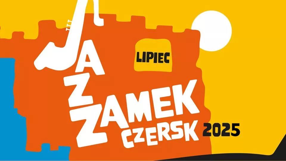 żółto -pomarńczowa grafika, fragment zamku, słońce