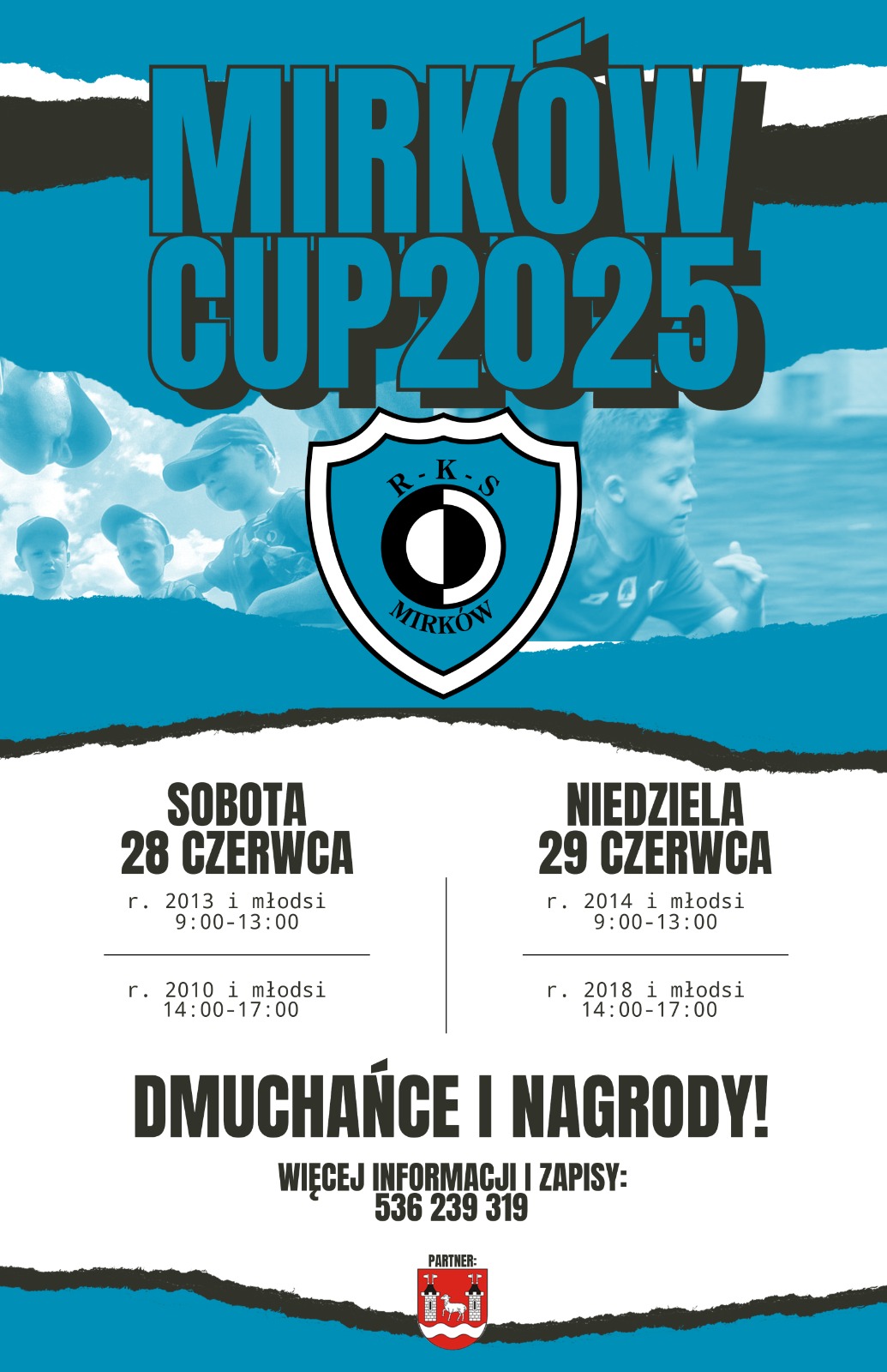niebieski plakat, herb drużyny i powiatu