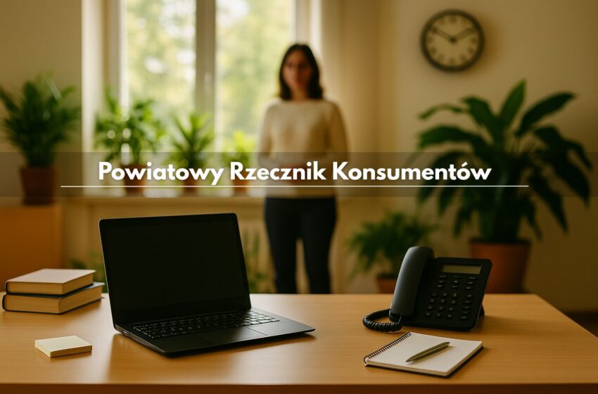 postac kobiety w tle przy oknie, na pierwszym planie biurko z laptopem i telefonem