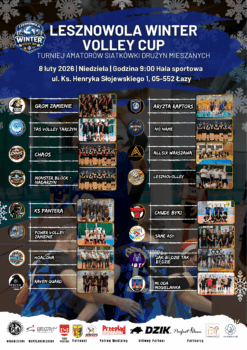 czarny plakat, nazwy drużyn,