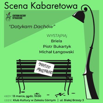 zielony baner, ławka z napisem świezo malowane