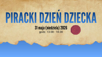 bezowa grafika niebieski napis piracki dzień dziecka