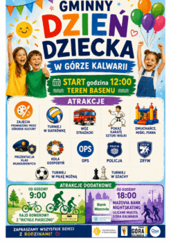 kolorowy plakat: dzieci, ikony atrakcji