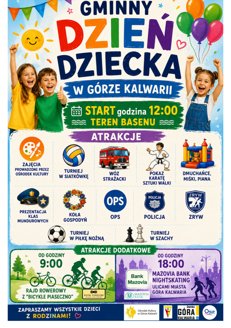 kolorowy plakat: dzieci, ikony atrakcji