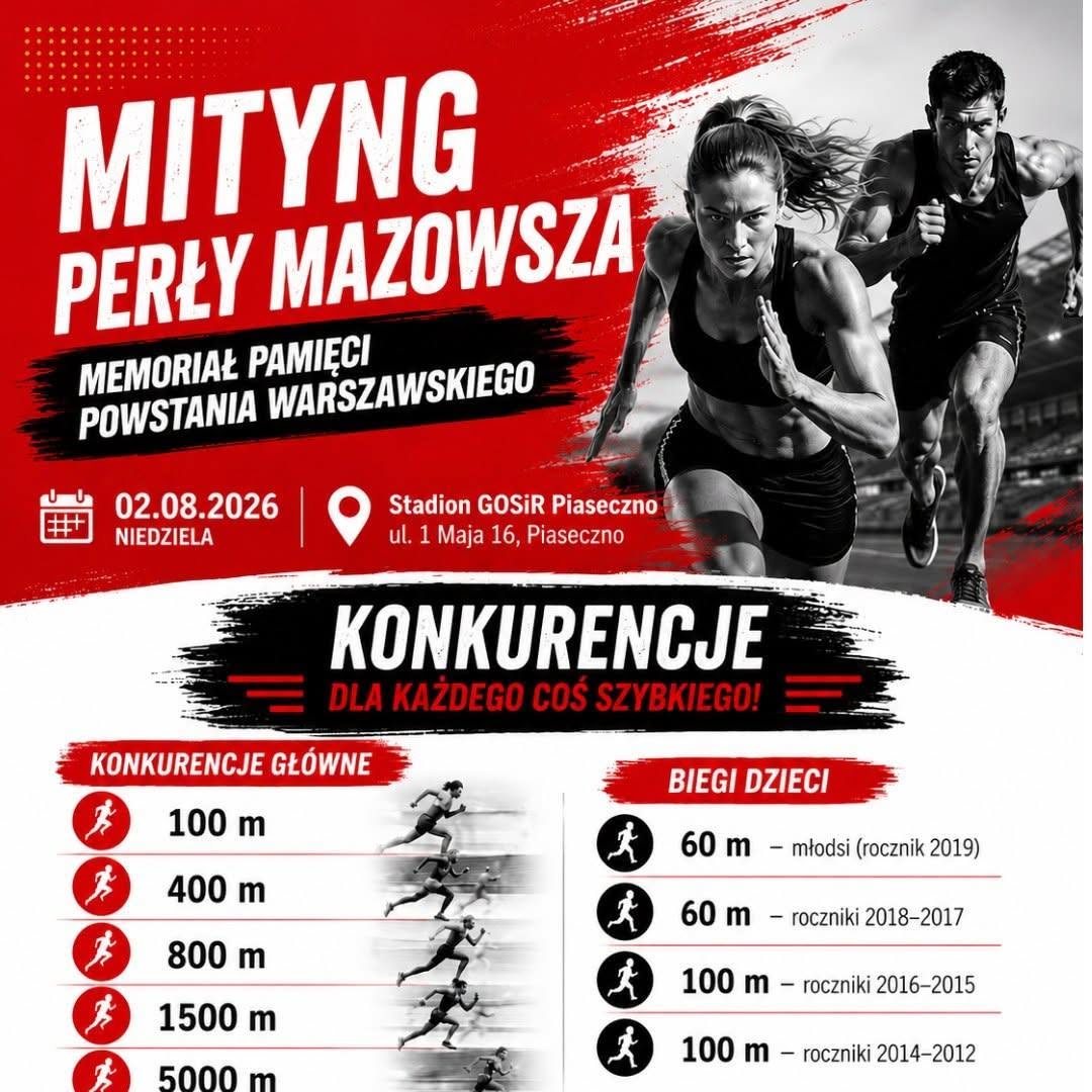 biało-czarno-czerwwony plakat, biegacze