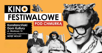 pomaranczowo czarny plakat kina z osobami na lezakach