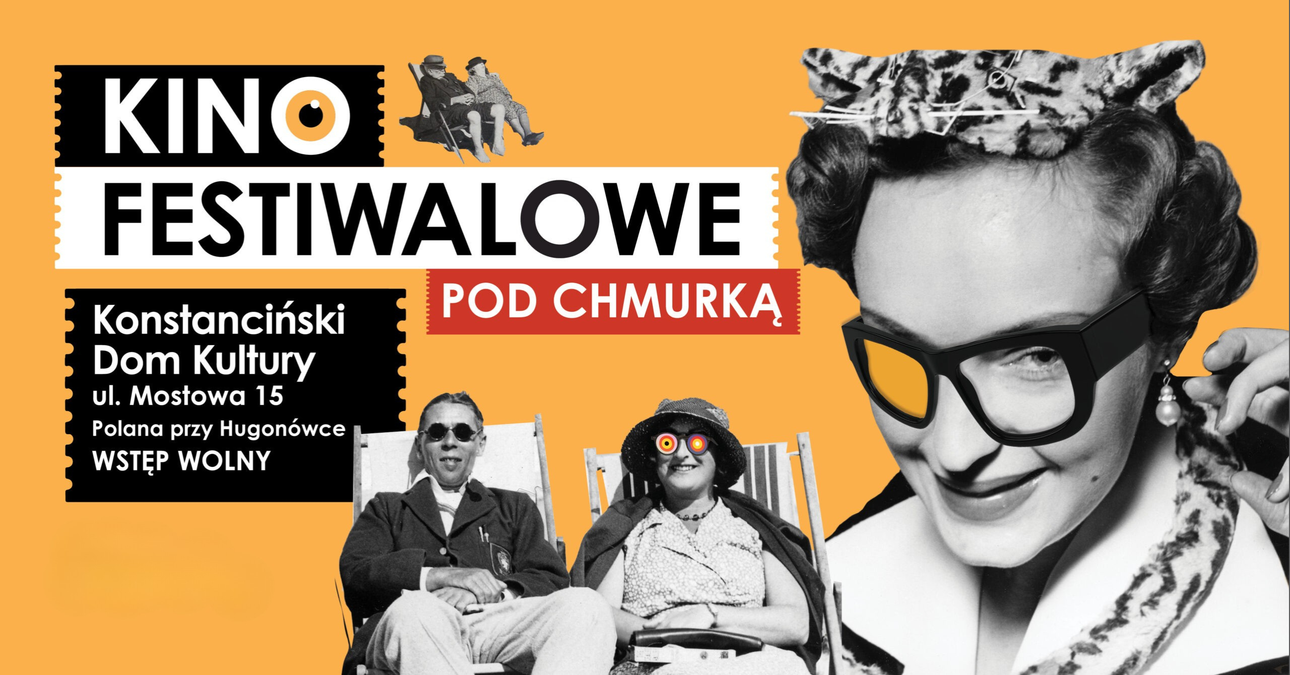 pomaranczowo czarny plakat kina z osobami na lezakach