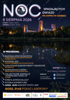 plakat - zamek nocą, lasery