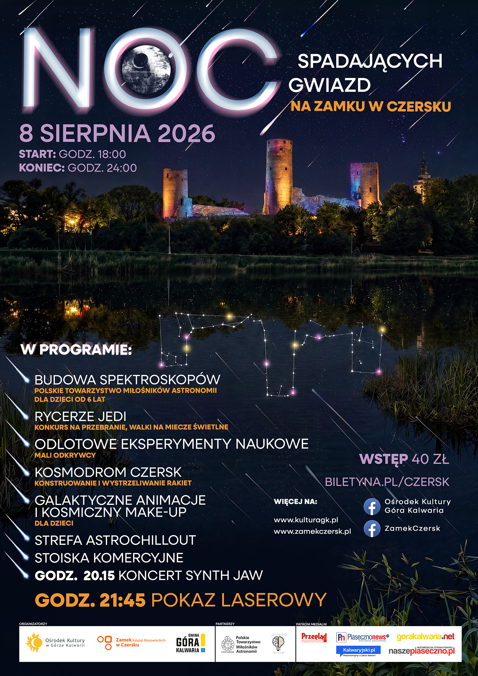 plakat - zamek nocą, lasery