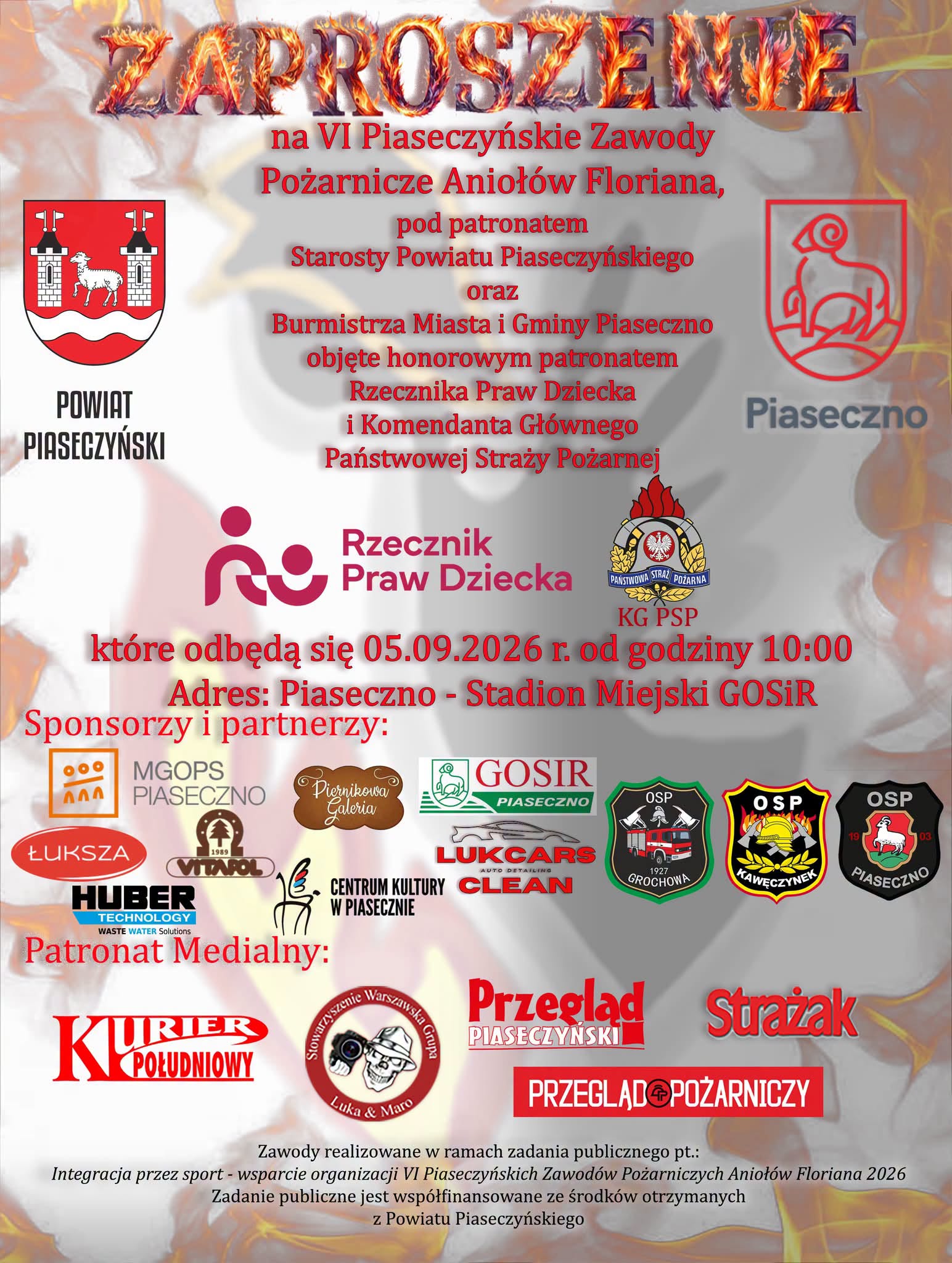 mało czytelny plakat, dużo napisów i logotypów, płomienie
