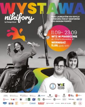 czarno-białe zdjęcie osób z niepełnosptawnościami, kolorowe kleksy farby