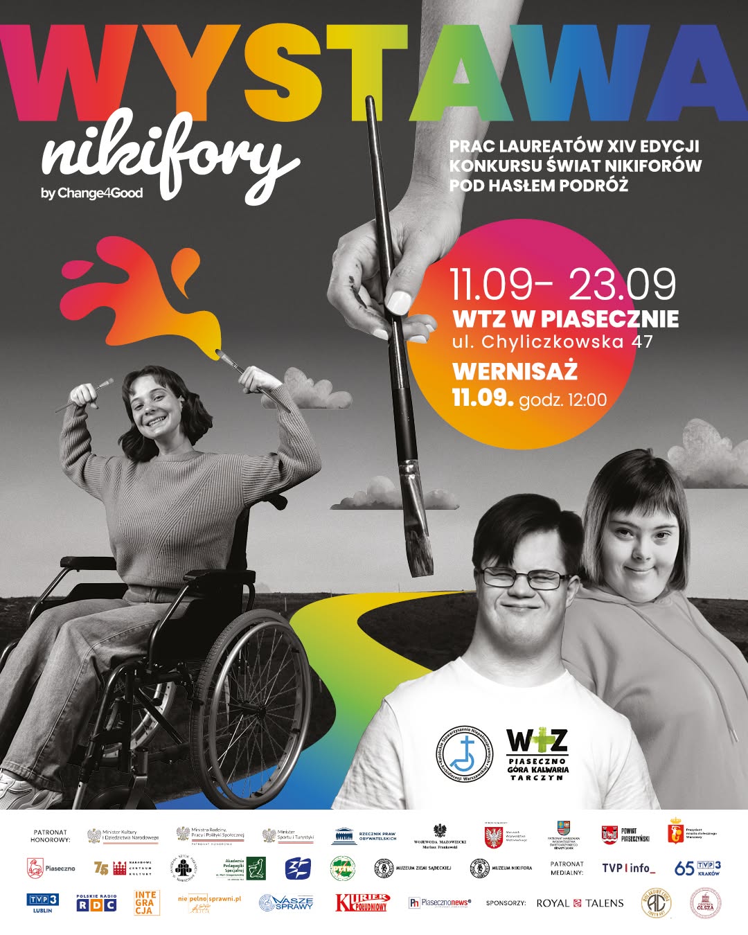 czarno-białe zdjęcie osób z niepełnosptawnościami, kolorowe kleksy farby
