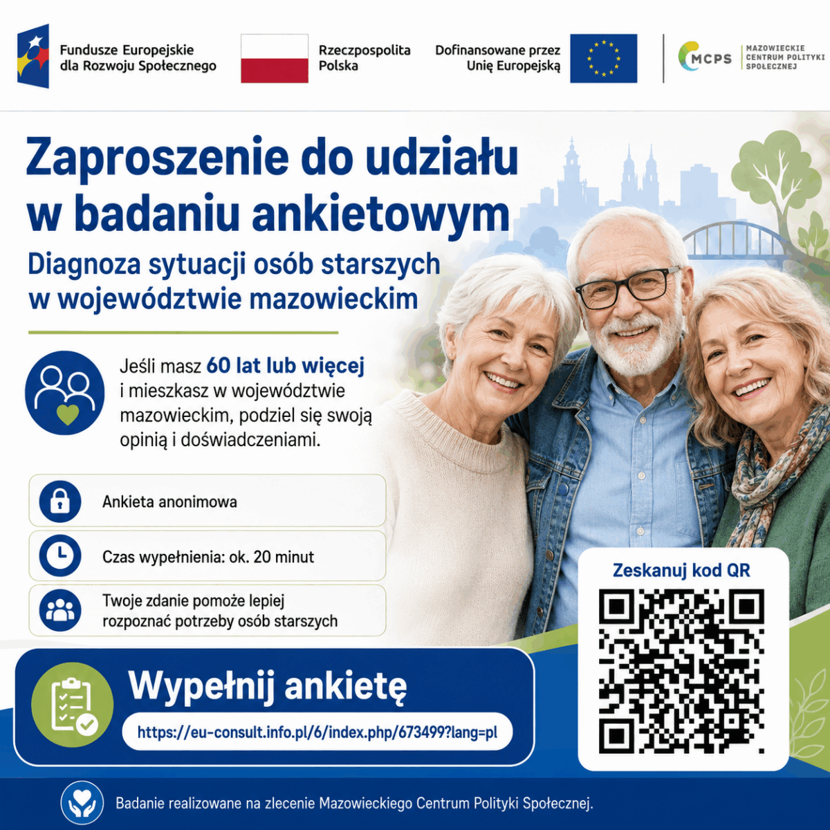 3 seniorów, link i qr kod do ankiety