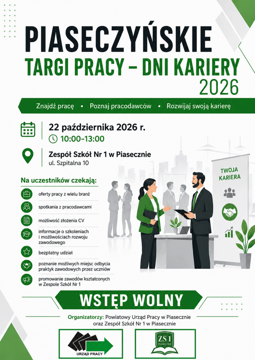 biało-zielony plakat, dużo treści, dwie osoby rozmawiają
