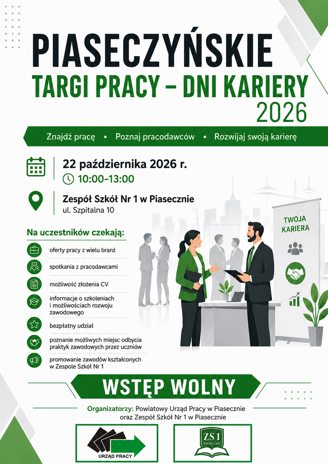 biało-zielony plakat, dużo treści, dwie osoby rozmawiają