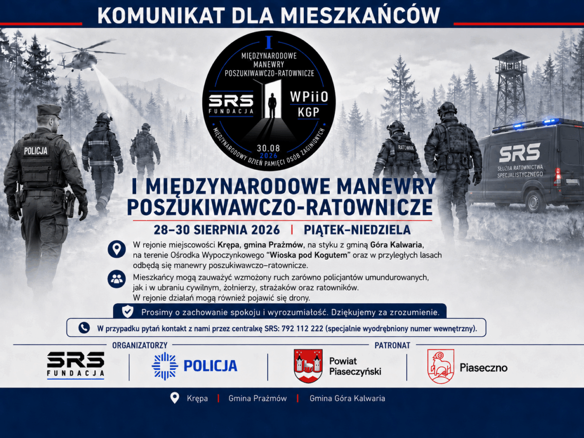 logo manewrów, ratownicy, loga sponsorów i komunikat dla mieszkańców