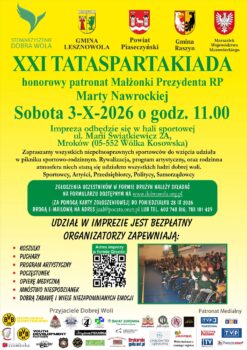 Żółty plakat, dużo napisów, herby
