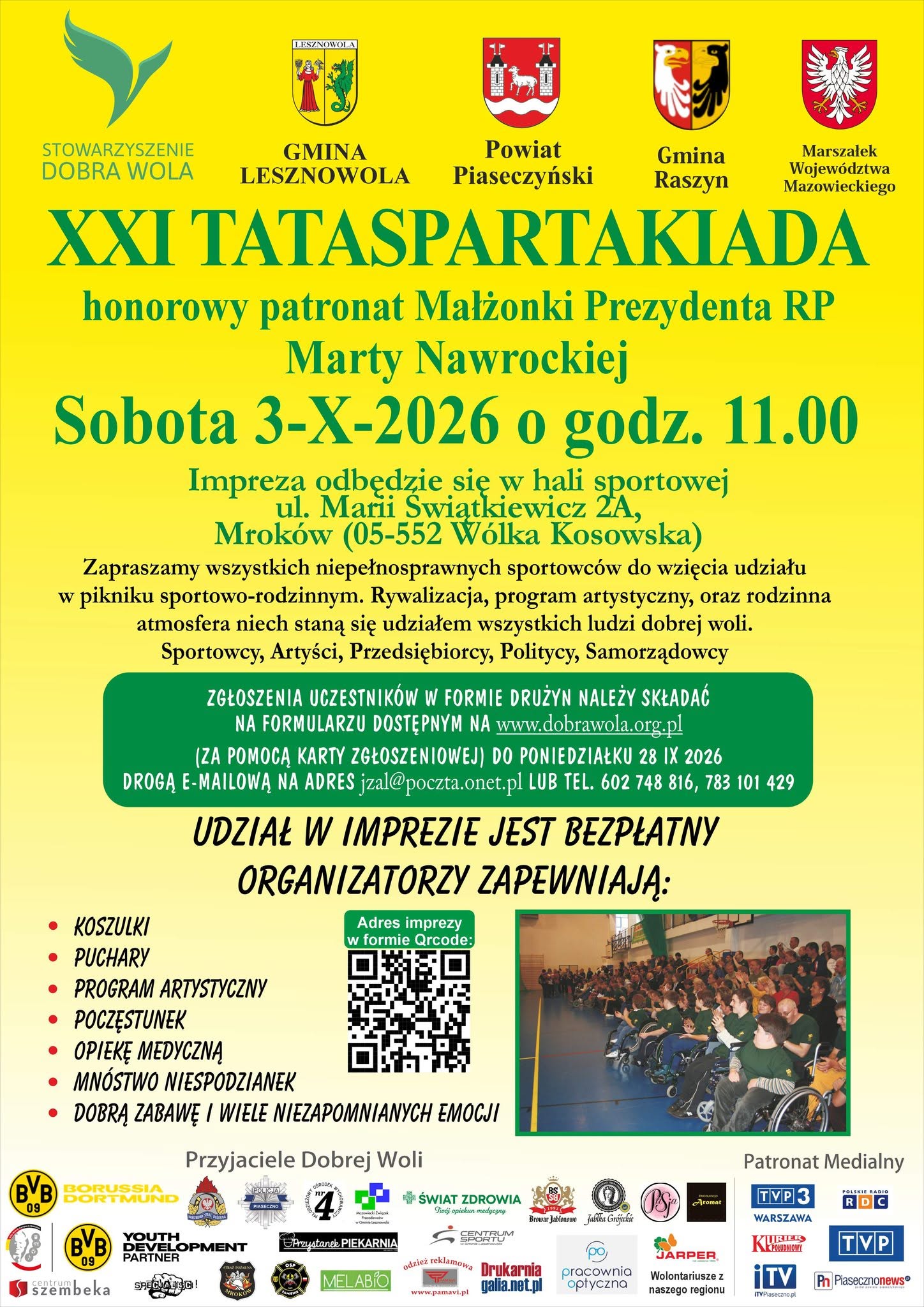 Żółty plakat, dużo napisów, herby