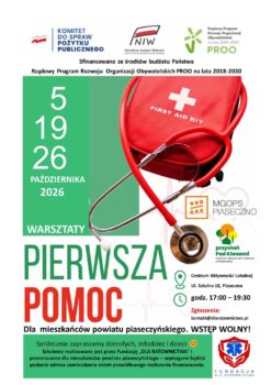 Zielono-biały plakat, czerwona apteczka, stetoskop