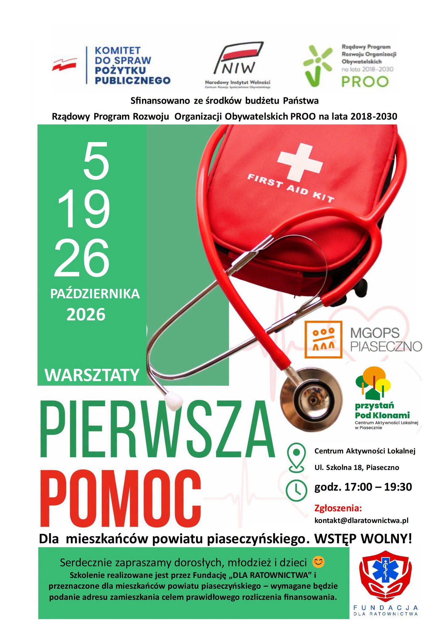Zielono-biały plakat, czerwona apteczka, stetoskop